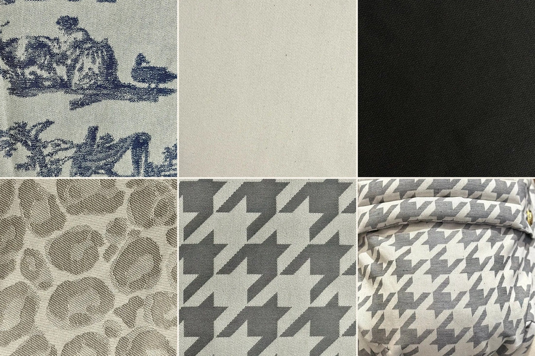 Die sechs Stoffe der MonDoudou nebeneinander: Toile de Jouy, Natur Beige, Noir, Leopold, Très Chic Leinen und Très Chic Seide