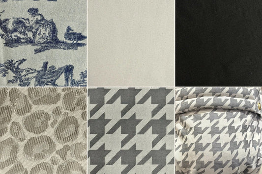 Die sechs Stoffe der MonDoudou nebeneinander: Toile de Jouy, Natur Beige, Noir, Leopold, Très Chic Leinen und Très Chic Seide